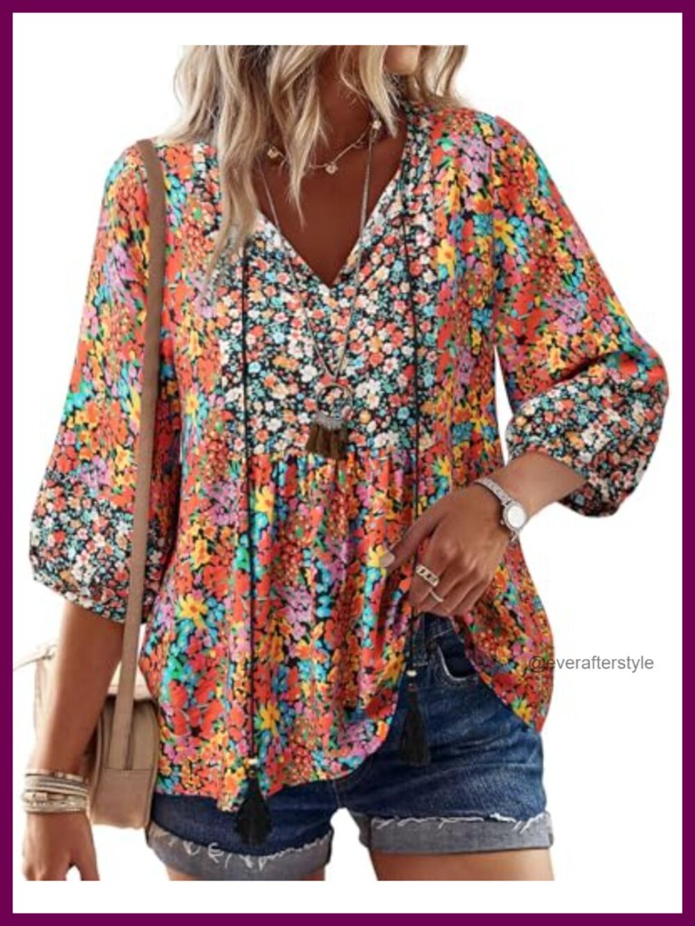 Womens Boho Babydoll Peplum Tunic Top 3/4 Sleeve V Neck Tie Front Blouse